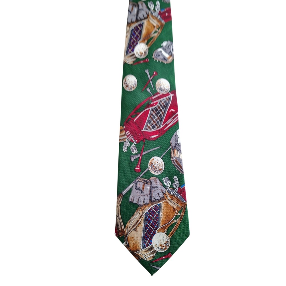 Fondini Mens Green Golf Novelty Silk Tie Handmade Golfing Gear Pattern